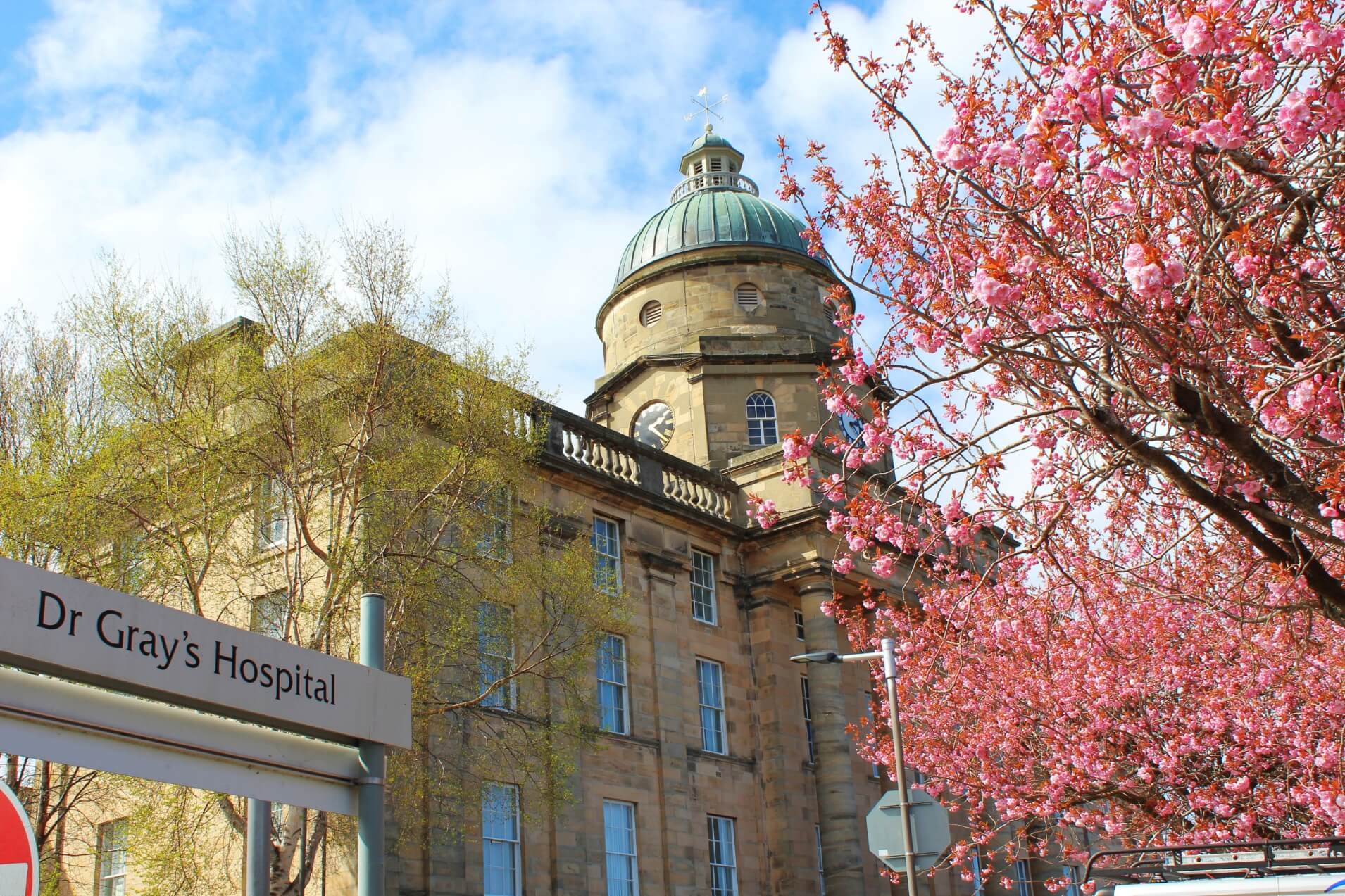The entrance to Dray Gray's Hospital in Moray