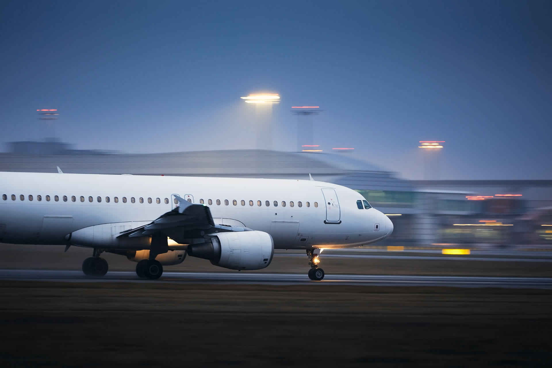 Airplane during take off on airport runway