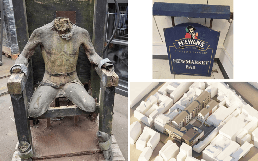 Three picture collage of a wooden chair with dummy strapped to it on the left. Top right is a pub sign saying Newmarket Bar and bottom right is the artist impression of the new South Street development.